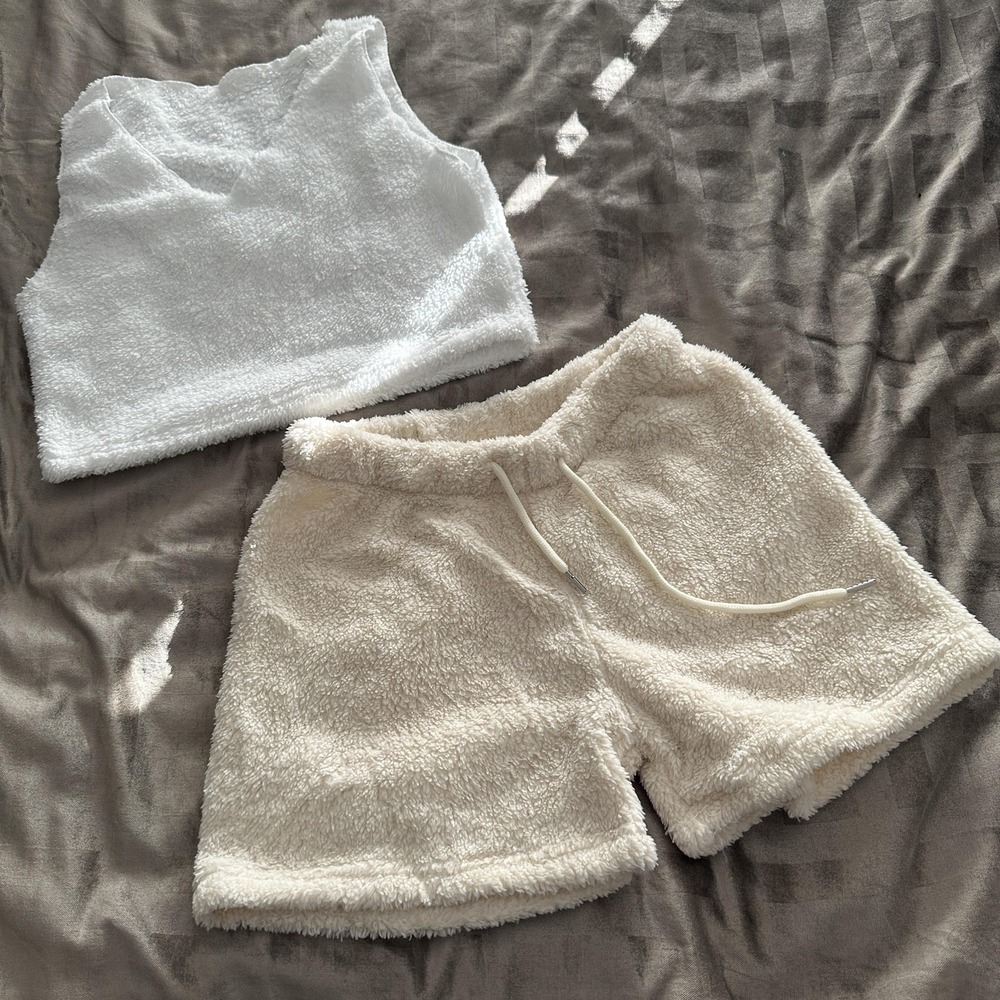 Lounge Short Set Womens Small White Cream Fleece Tank Top Drawstring Shorts